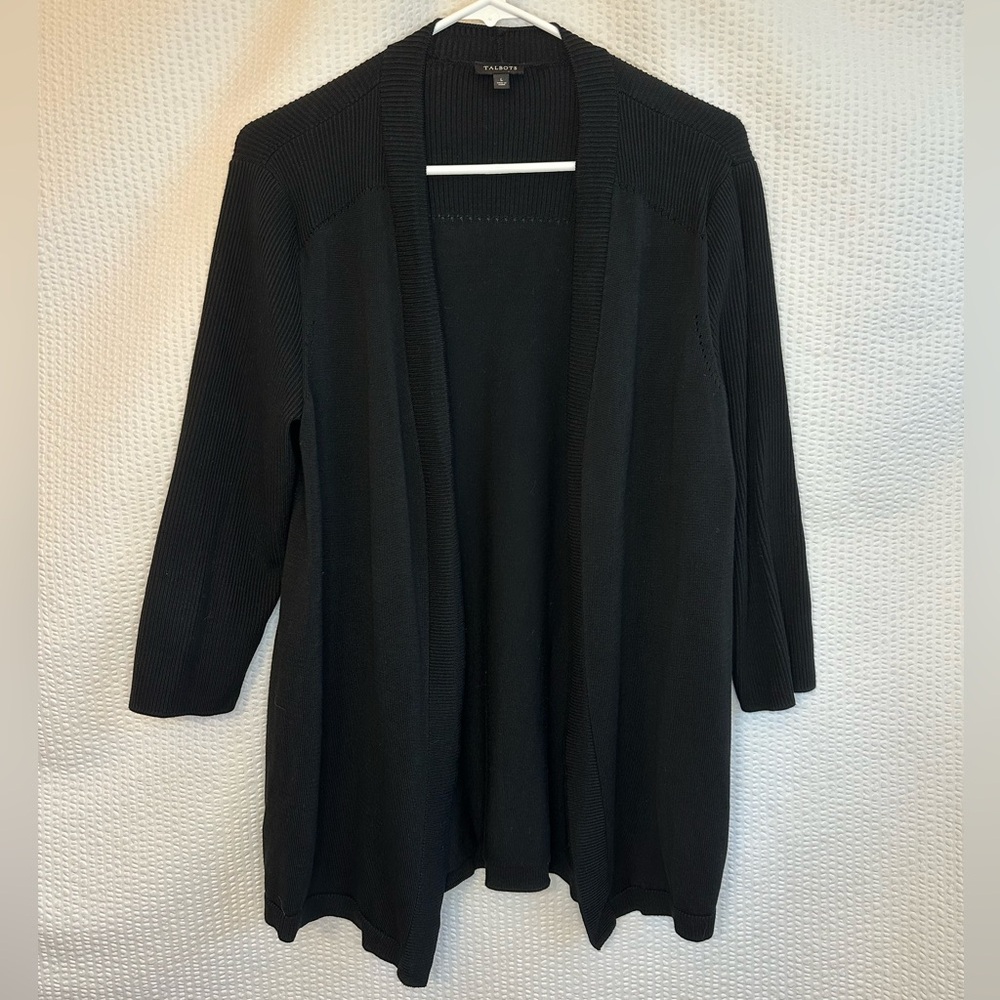 TALBOTS Black Long Open Front Cardigan Sweater Lightweight Knit Large Classic